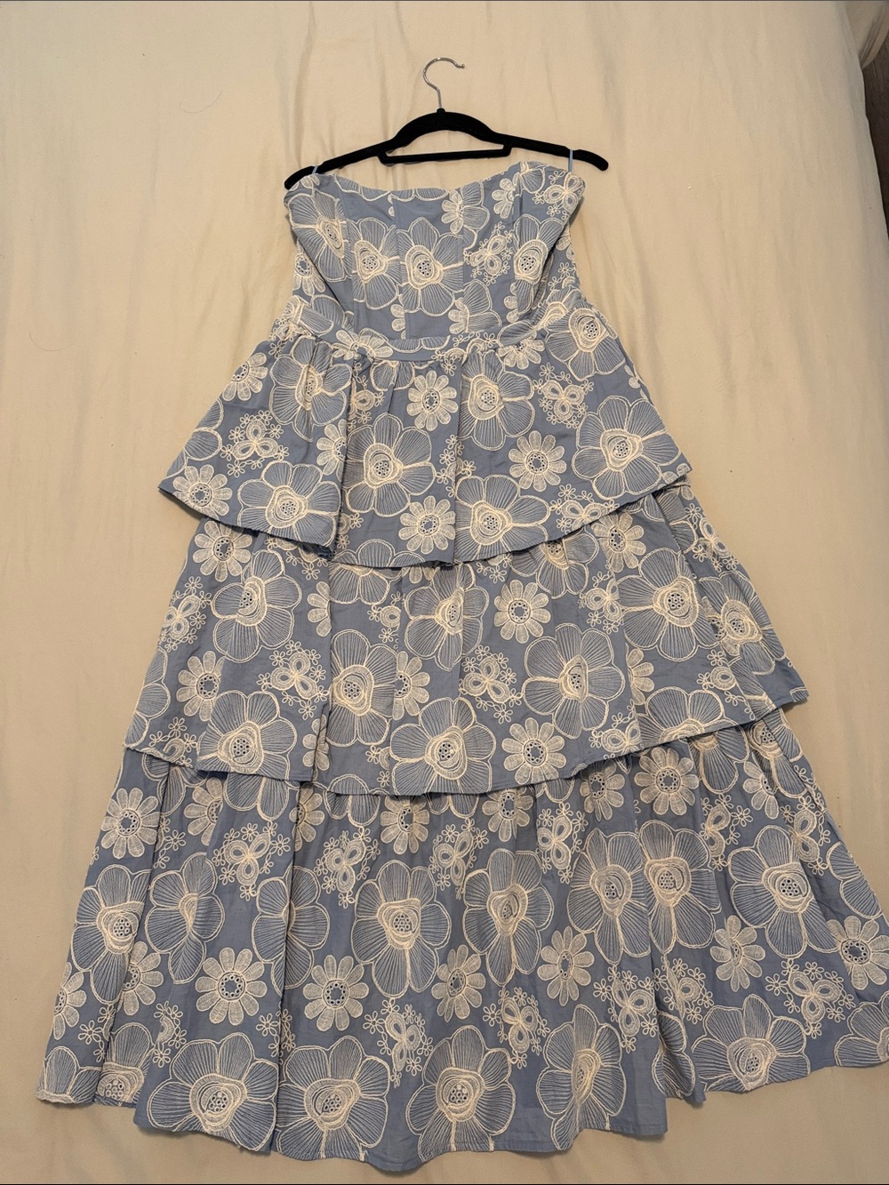 vestique Light Blue Strapless Tiered Dress with White Floral Lace